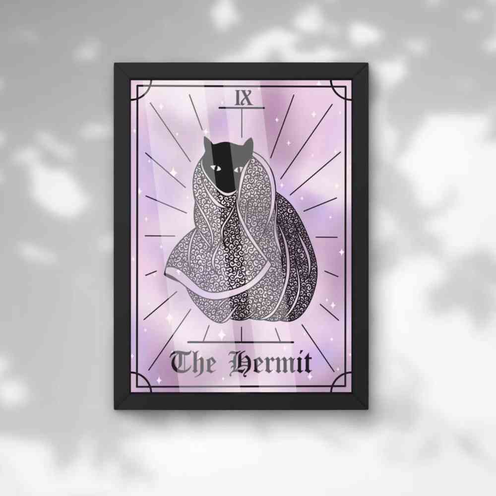 EvyHandmadeDesign - The Hermit Cat Tarot No.9 Print - Paars/Zwart